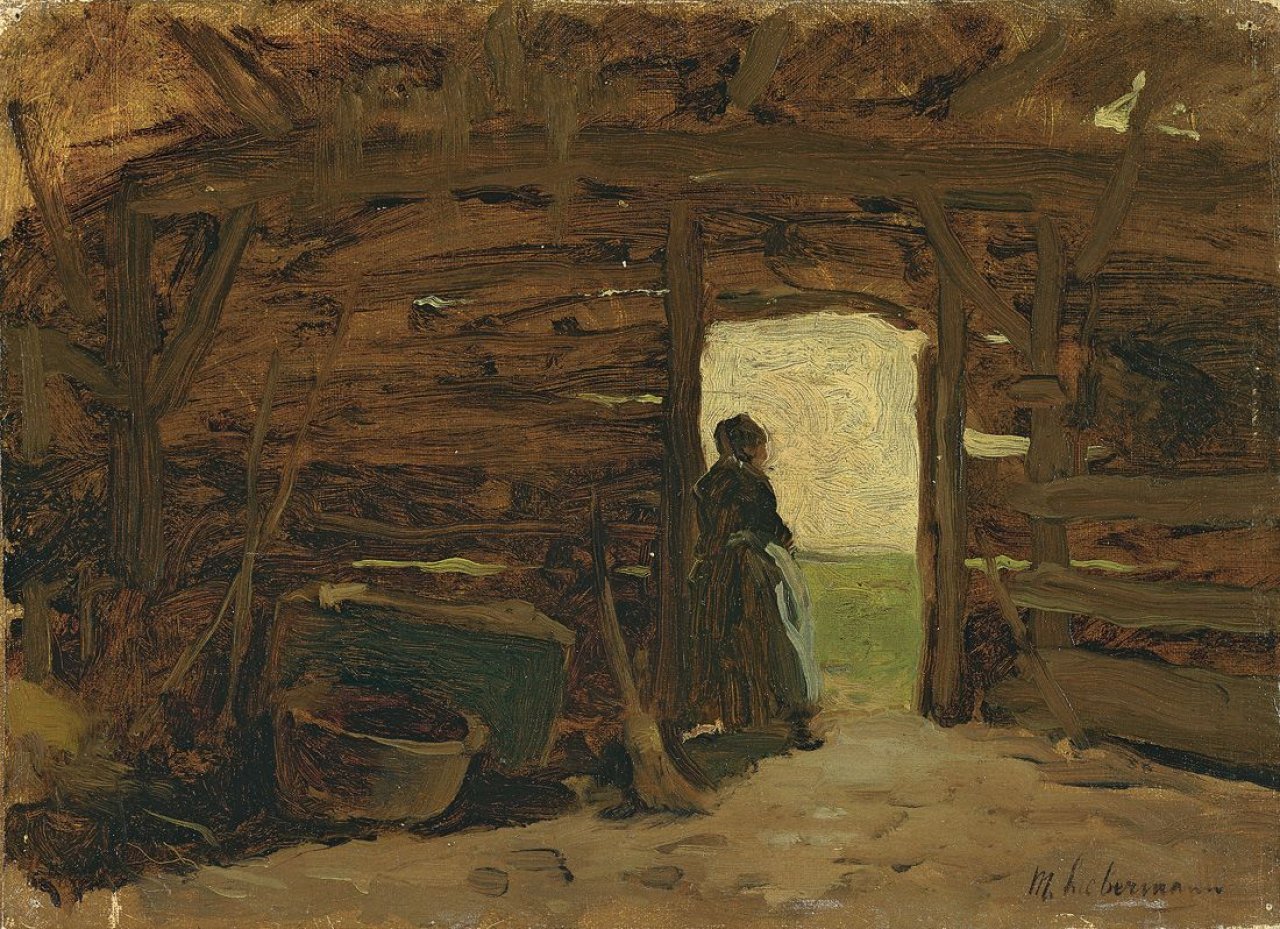 This picture shows the following artwork: Max Liebermann. „Bauersfrau in einem Schuppen – Blick aus der Tür auf Dünenlandschaft“. 1890 (?).