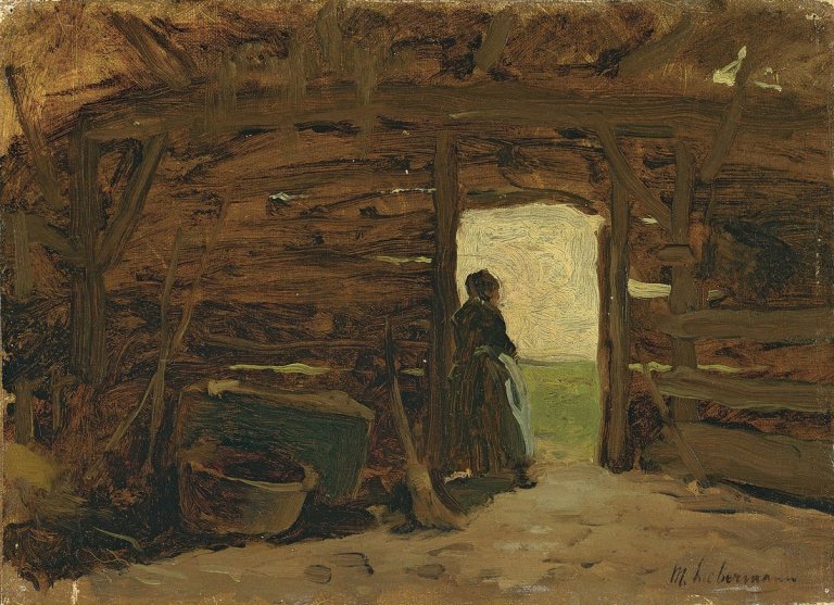 Auf diesem Bild ist das folgende Kunstwerk zu sehen: Max Liebermann. „Bauersfrau in einem Schuppen – Blick aus der Tür auf Dünenlandschaft“. 1890 (?).
