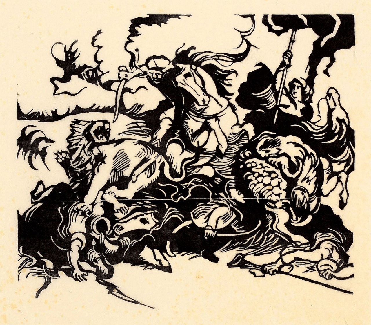 Auf diesem Bild ist das folgende Kunstwerk zu sehen: Franz Marc. „Löwenjagd nach Delacroix“. 1913.