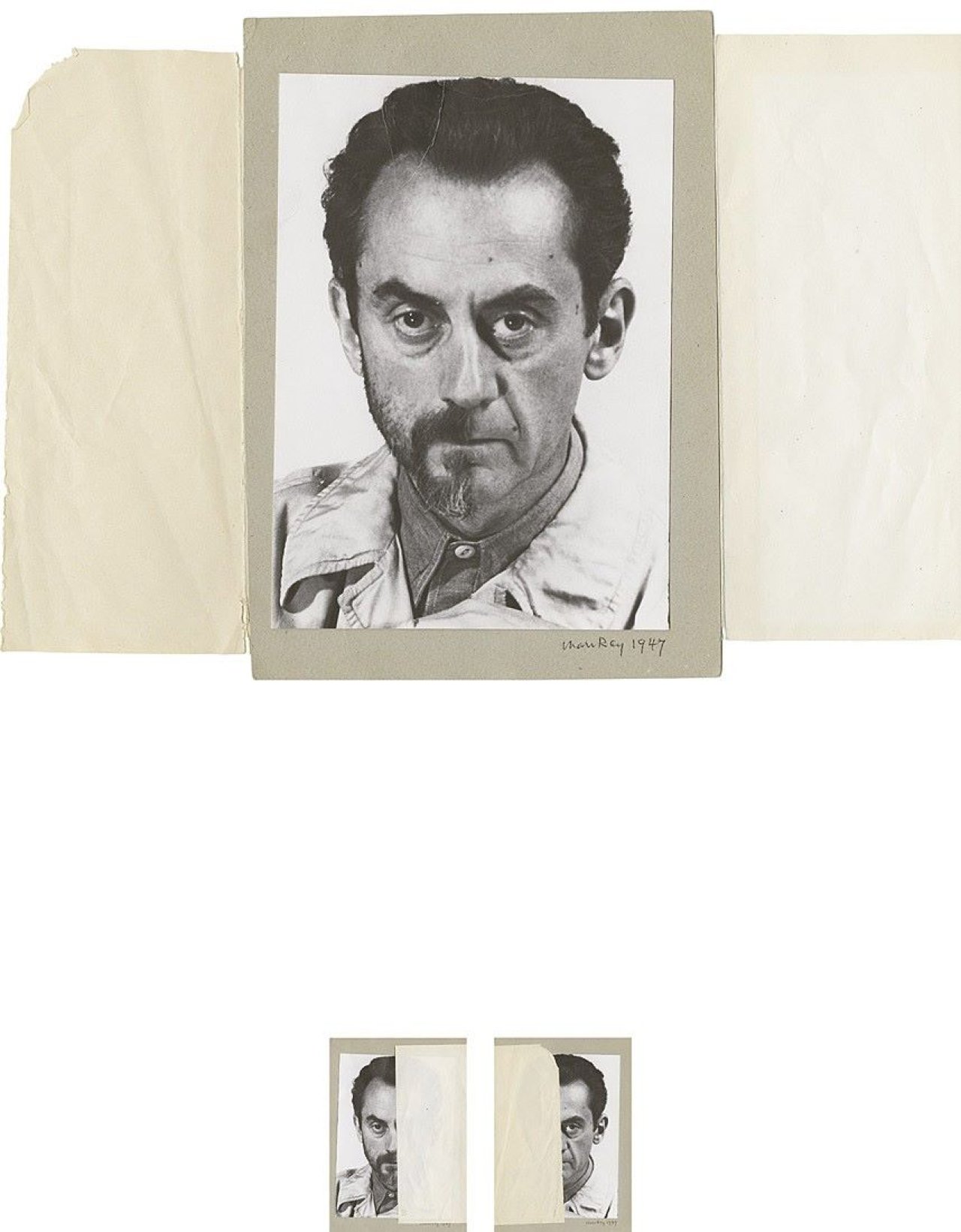 Auf diesem Bild ist das folgende Kunstwerk zu sehen:  Man Ray. „Man Ray“, Doppel-Selbstportrait, bärtig und rasiert. 1947.