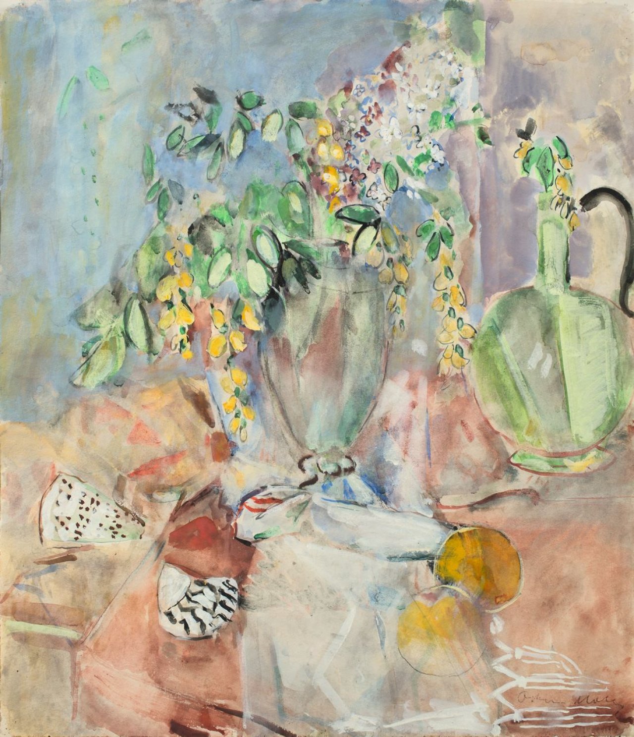 Auf diesem Bild ist das folgende Kunstwerk zu sehen: Oskar Moll. „Goldregen mit Flieder“. Um 1940.
