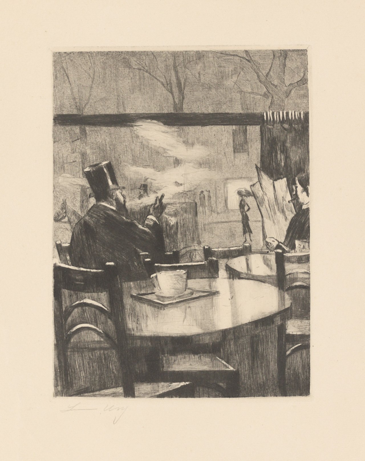 Auf diesem Bild ist das folgende Kunstwerk zu sehen: Lesser Ury. „Herr mit Zylinder vor einem Kaffeehausfenster - in Rückenansicht“. 1923.