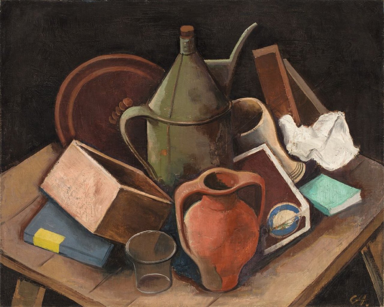 Auf diesem Bild ist das folgende Kunstwerk zu sehen: Karl Hofer. „Stilleben mit Krug und Schachtel“. Um 1920.