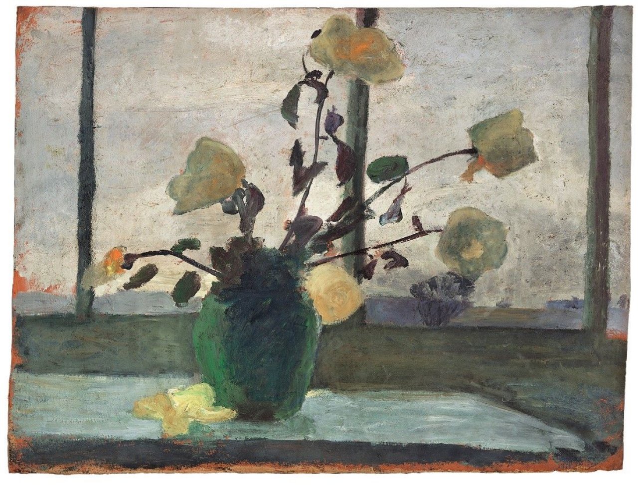 Auf diesem Bild ist das folgende Kunstwerk zu sehen: Paula Modersohn-Becker. „Weiße Rosen vor Atelierfenster (Verso: Landschaft mit Moorkuhle)“. Um 1901.