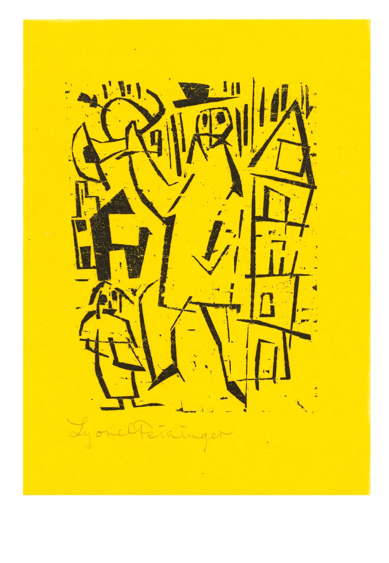 Auf diesem Bild ist das folgende Kunstwerk zu sehen: Lyonel Feininger. „Trompeter und Kind“. 1918.