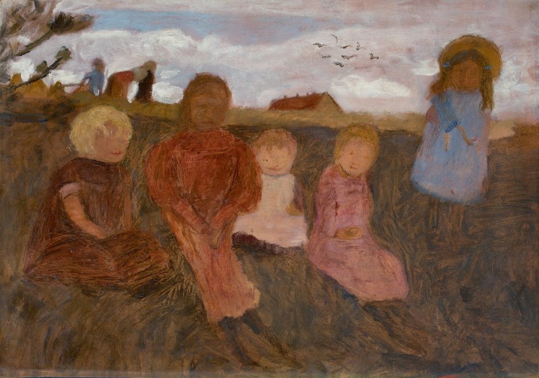 This picture shows the following artwork: Paula Modersohn-Becker. „Fünf Kinder an einem Hang, rechts Elsbeth“. 1902.