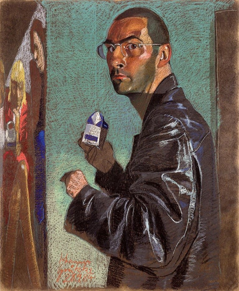 Auf diesem Bild ist das folgende Kunstwerk zu sehen: Johannes Grützke. Selbst mit Milchtüte. 1984.