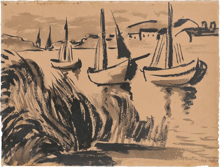 Auf diesem Bild ist das folgende Kunstwerk zu sehen: Max Pechstein. Fischerboote. 1924.
