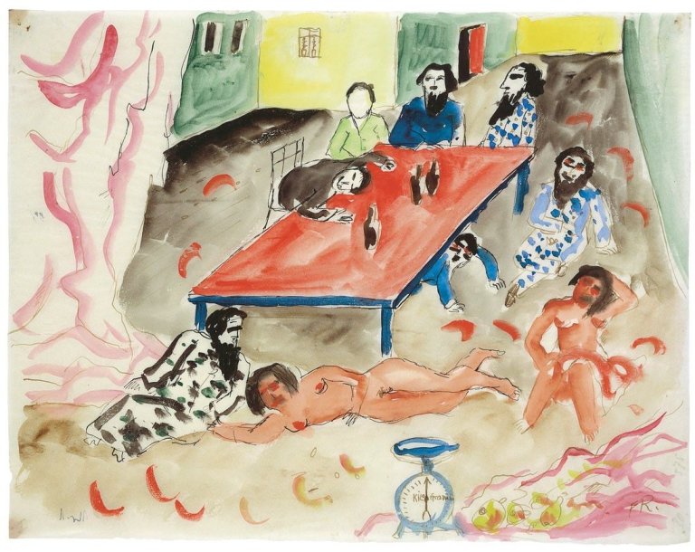 Auf diesem Bild ist das folgende Kunstwerk zu sehen: Franz Radziwill. „Tischgesellschaft im Innenraum“. Um 1920.