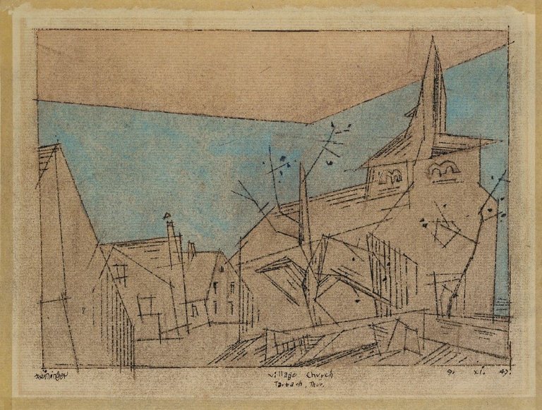 Auf diesem Bild ist das folgende Kunstwerk zu sehen: Lyonel Feininger. „Village Church Tarbach Thüringen“. 1947.