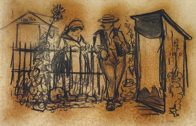 Auf diesem Bild ist das folgende Kunstwerk zu sehen: Heinrich Zille. Nachbarsplausch vorm 'stillen Örtchen'. 1922.