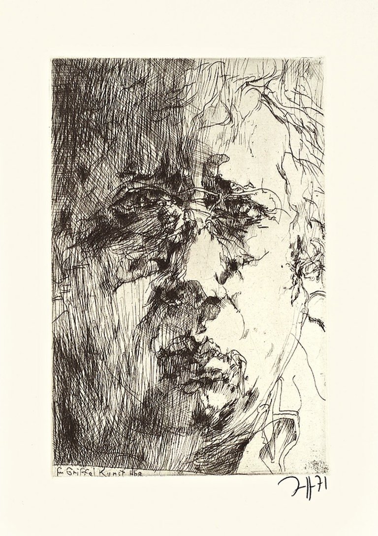 Auf diesem Bild ist das folgende Kunstwerk zu sehen: Horst Janssen. „Selbstbildnis“ / „Drachen-artig“ / Ohne Titel. 1971/1972/1974.