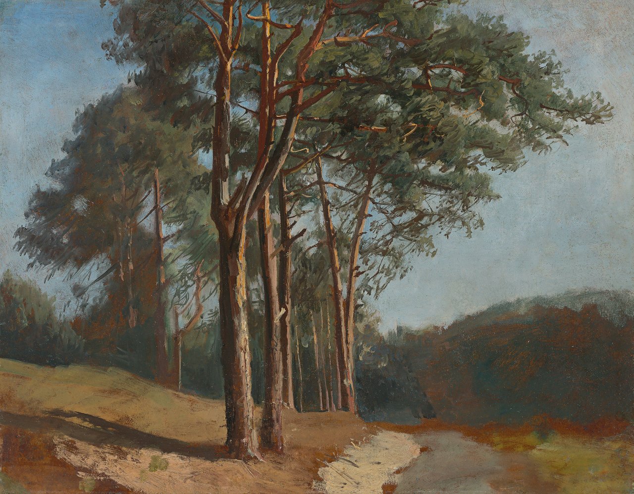 Auf diesem Bild ist das folgende Kunstwerk zu sehen: Christian Friedrich Gille. Kiefern am Wegrand.