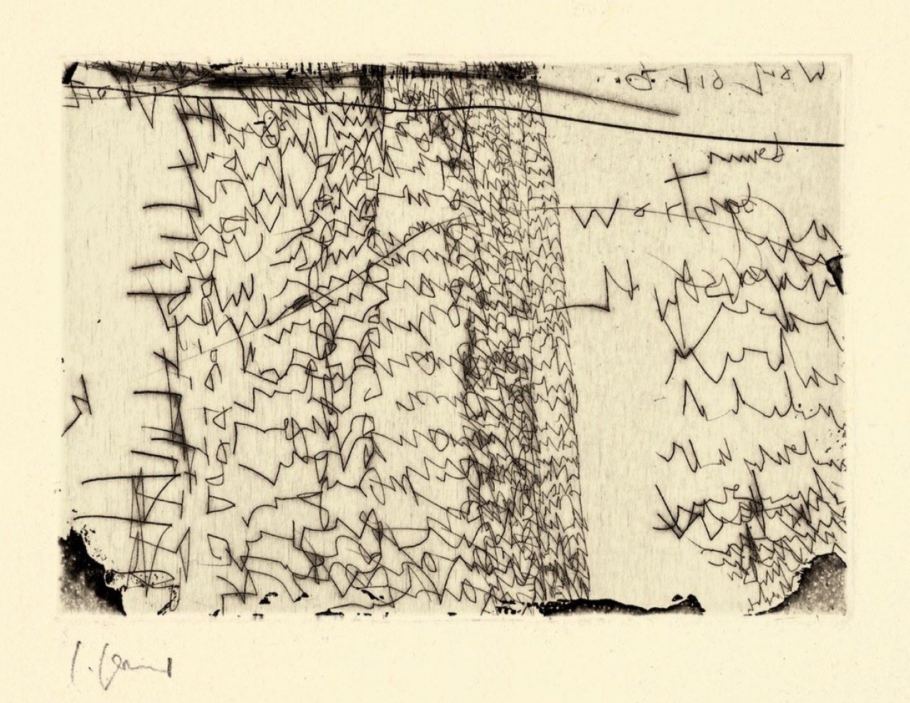Auf diesem Bild ist das folgende Kunstwerk zu sehen: Carlfriedrich Claus. „Nachtgespräch“ / „Psychisches Feld“ / „Wort“ / „Halbschlaf“ / „Verdrehung“ / „Text“. 1990/91.