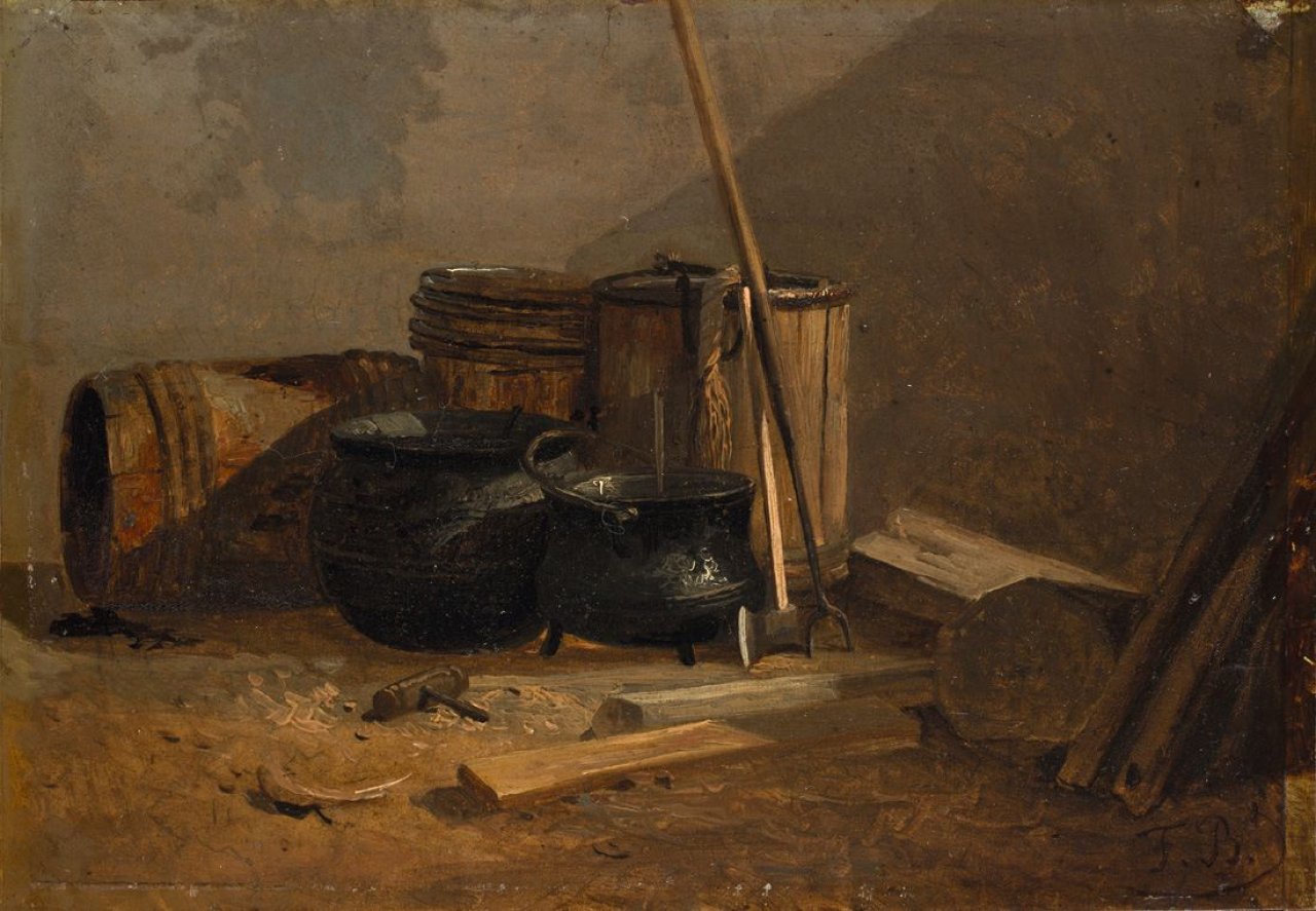 This picture shows the following artwork:  French, circa 1860. Interior (still life with barrels and kettles).