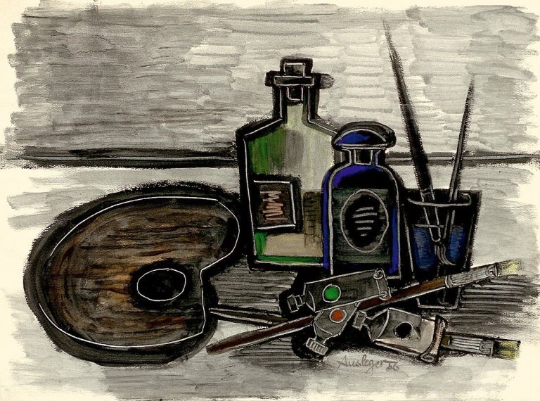 Auf diesem Bild ist das folgende Kunstwerk zu sehen: Rudolf Ausleger. Stilleben mit Malpalette und Flaschen. 1956.