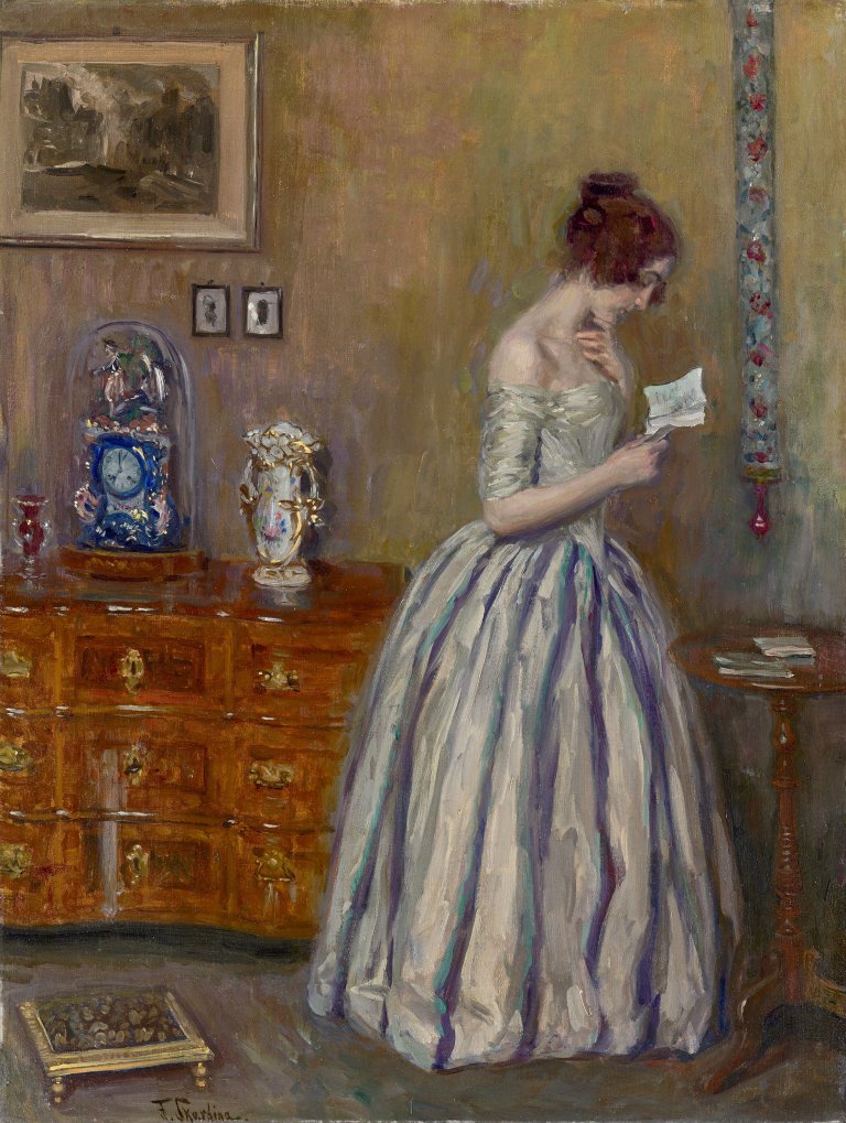 Auf diesem Bild ist das folgende Kunstwerk zu sehen: Franz Skarbina. Bei der Lektüre. (Vor) 1909.