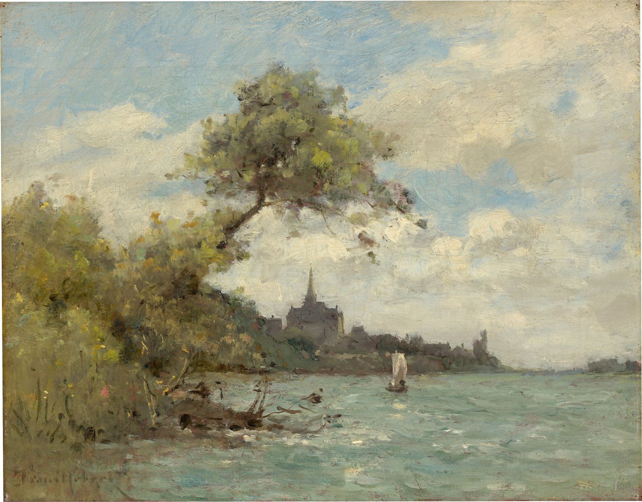 Auf diesem Bild ist das folgende Kunstwerk zu sehen: Paul Désiré Trouillebert. Seeblick im Frühling.