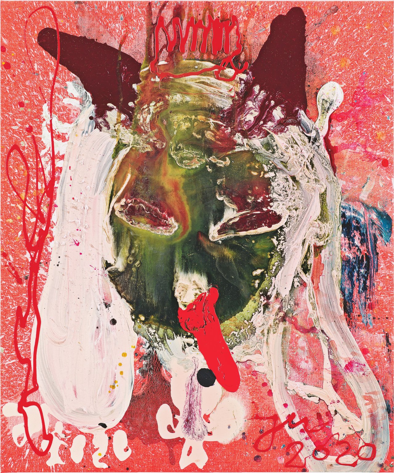 Auf diesem Bild ist das folgende Kunstwerk zu sehen: Jonathan Meese. „Wildkatze will Dich anspielen, wie the FOG! (Anspitzerin der K.U.N.S.T.)“. 2020.