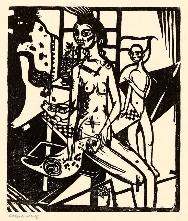 Auf diesem Bild ist das folgende Kunstwerk zu sehen: Heinrich Campendonk. „Interieur mit zwei Akten“. 1918.