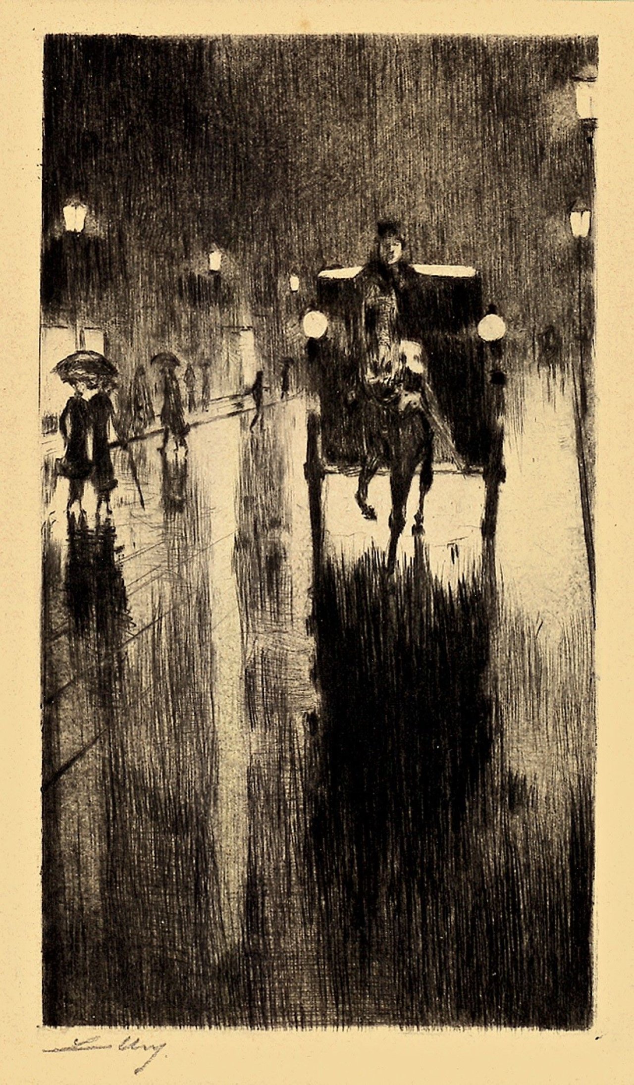 Auf diesem Bild ist das folgende Kunstwerk zu sehen: Lesser Ury. „Pferdedroschke im Regenwetter“. 1924.