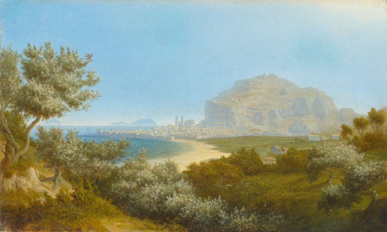 Auf diesem Bild ist das folgende Kunstwerk zu sehen: August Kopisch. Blick auf Palermo mit dem Monte Pellegrino. 1827.
