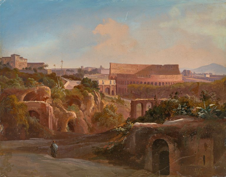 Auf diesem Bild ist das folgende Kunstwerk zu sehen: Johann Hermann Camiencke. Forum Romanum mit Kolosseum. 1840er Jahre.