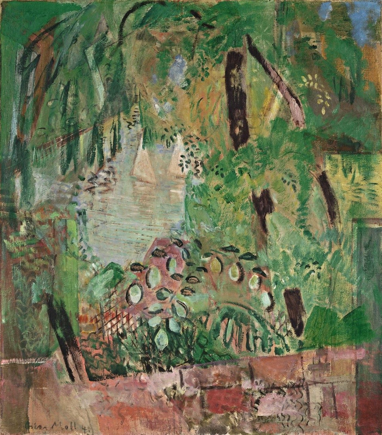 Auf diesem Bild ist das folgende Kunstwerk zu sehen: Oskar Moll. „Blick auf See, mit Blättern und zwei weißen Segelbooten“. 1943.
