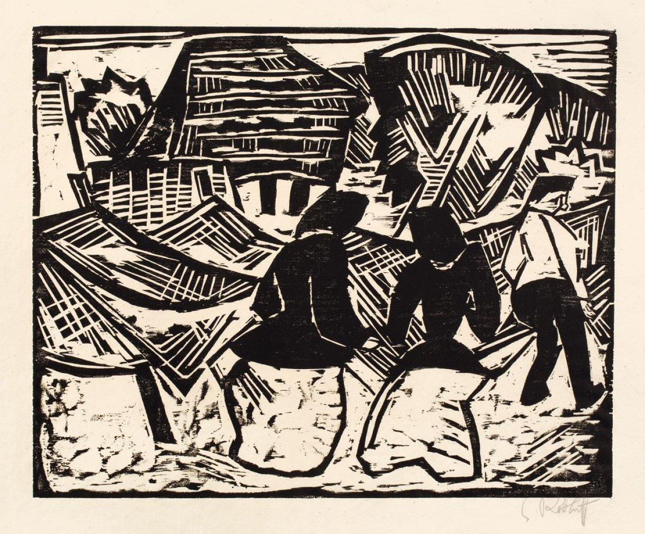 Auf diesem Bild ist das folgende Kunstwerk zu sehen: Karl Schmidt-Rottluff. „Bei den Netzen“. 1914.