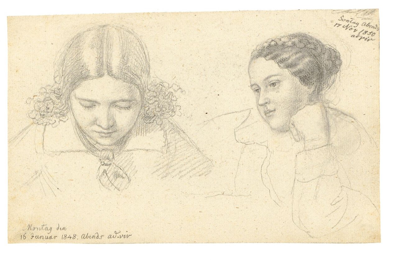 Auf diesem Bild ist das folgende Kunstwerk zu sehen: Ludwig Emil Grimm. „Zwei Portraitskizzen von Grimms Töchterchen Friedrike, gen. Ideke, im Alter von 15 und 17 Jahren. [...]“. 1848 und 1850.