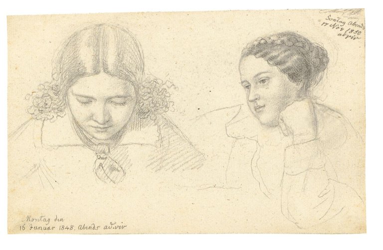 Auf diesem Bild ist das folgende Kunstwerk zu sehen: Ludwig Emil Grimm. „Zwei Portraitskizzen von Grimms Töchterchen Friedrike, gen. Ideke, im Alter von 15 und 17 Jahren. [...]“. 1848 und 1850.