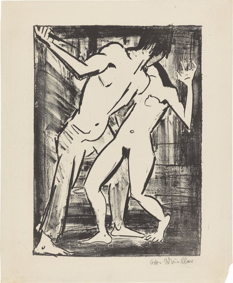 Auf diesem Bild ist das folgende Kunstwerk zu sehen: Otto Mueller. „Der Mord 2 (Tanzszene II, Liebespaar III)“. Um 1919.