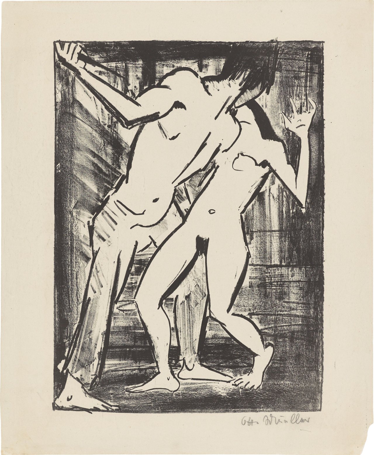 Auf diesem Bild ist das folgende Kunstwerk zu sehen: Otto Mueller. „Der Mord 2 (Tanzszene II, Liebespaar III)“. Um 1919.