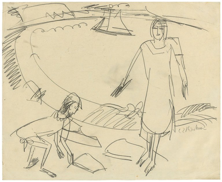 Auf diesem Bild ist das folgende Kunstwerk zu sehen: Ernst Ludwig Kirchner. Zwei Menschen am Strand von Fehmarn. Um 1912.