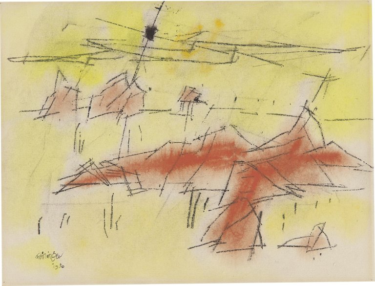 This picture shows the following artwork: Lyonel Feininger. ”composition in red, yellow and black”. 1950.