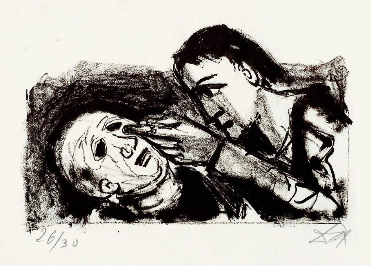 Auf diesem Bild ist das folgende Kunstwerk zu sehen: Otto Dix. „Die Blindenheilung“ / „Bildnis Florian Karsch I (in Kreidetechnik)“. 1960/1964.