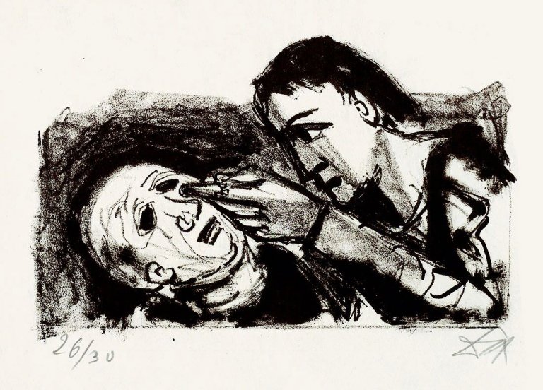 Auf diesem Bild ist das folgende Kunstwerk zu sehen: Otto Dix. „Die Blindenheilung“ / „Bildnis Florian Karsch I (in Kreidetechnik)“. 1960/1964.