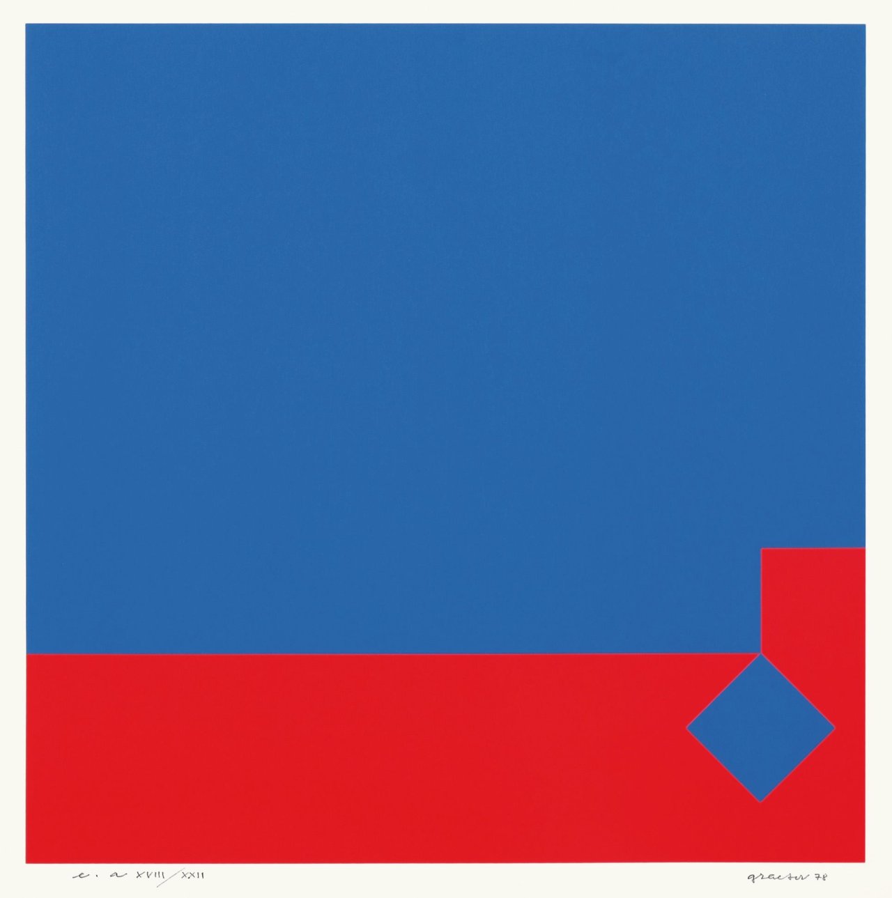 Auf diesem Bild ist das folgende Kunstwerk zu sehen: Camille Graeser. „Blau / Rot 3:1“. 1978.