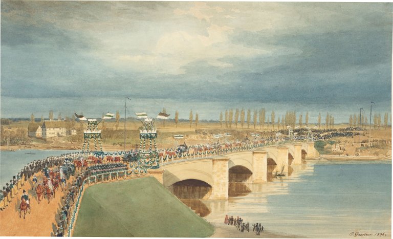 Auf diesem Bild ist das folgende Kunstwerk zu sehen: Eduard Gaertner. Eröffnung der Elbe-Brücke bei Roßlau. 1836.
