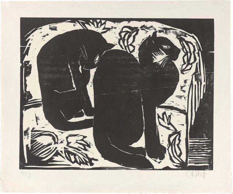 Auf diesem Bild ist das folgende Kunstwerk zu sehen: Karl Schmidt-Rottluff. „Zwei Katzen I“. 1914.