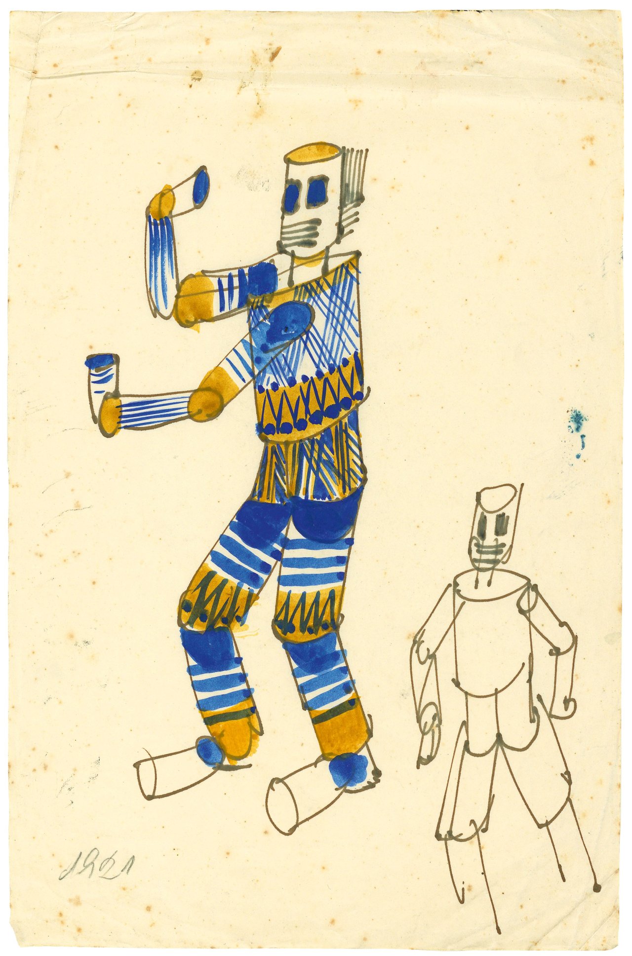 Auf diesem Bild ist das folgende Kunstwerk zu sehen: Ludwig Hirschfeld-Mack. D Figurinen aus Zylinderformen. 1921.