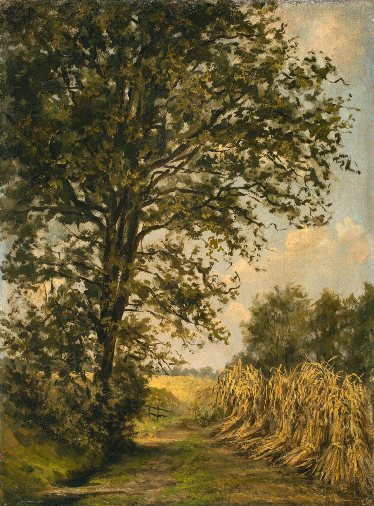 Auf diesem Bild ist das folgende Kunstwerk zu sehen: Piet Mondrian. „Lane with Sheaves of Rye“ (Weg mit Roggengarben). Um 1890/92.