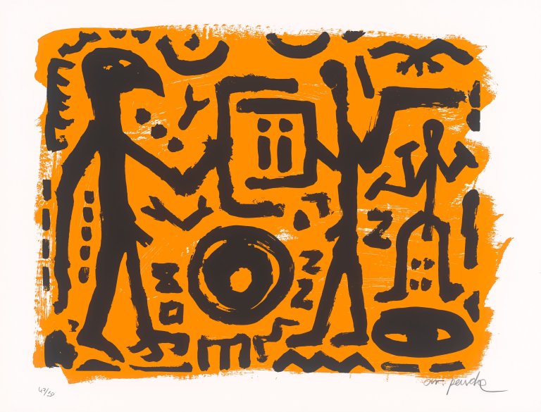 Auf diesem Bild ist das folgende Kunstwerk zu sehen: A.R. Penck. „Falkenkopf, Jäger und Adler“. 1994.