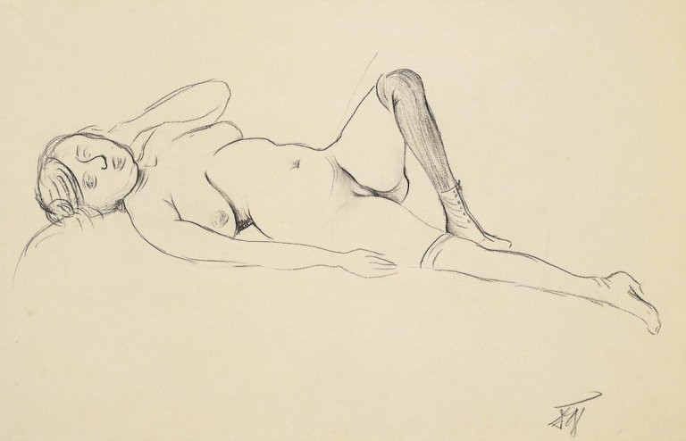 Auf diesem Bild ist das folgende Kunstwerk zu sehen: Otto Dix. „Alma liegend“. 1921.