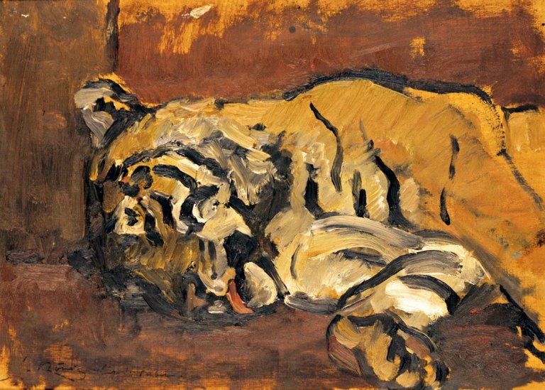 Auf diesem Bild ist das folgende Kunstwerk zu sehen: Leo von König. Schlafender Tiger. Um 1935.