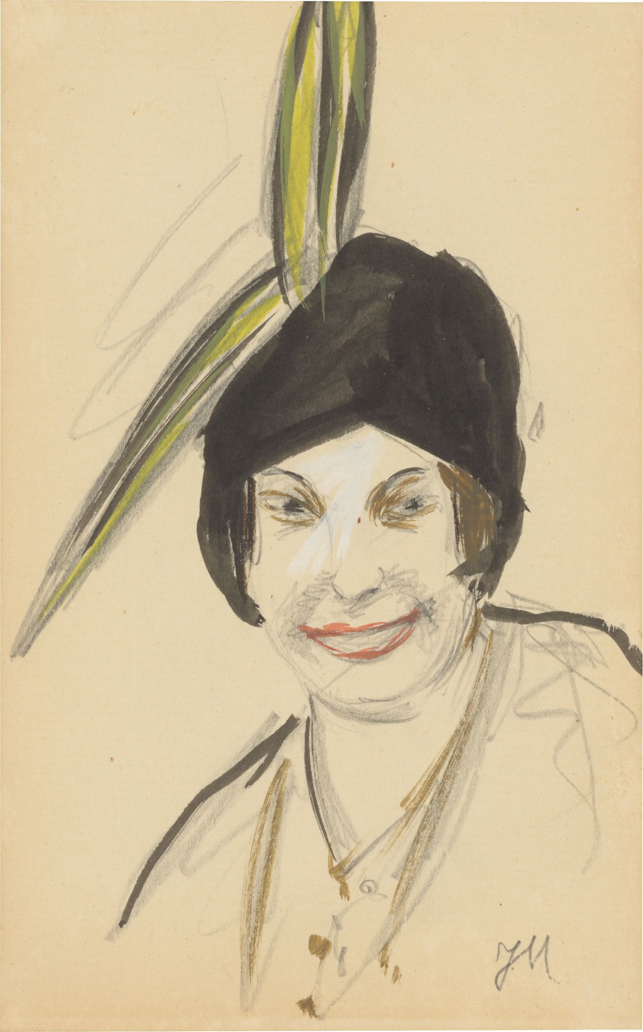 Auf diesem Bild ist das folgende Kunstwerk zu sehen: Jeanne Mammen. Frau mit Hut und Feder. Um 1910-1914.