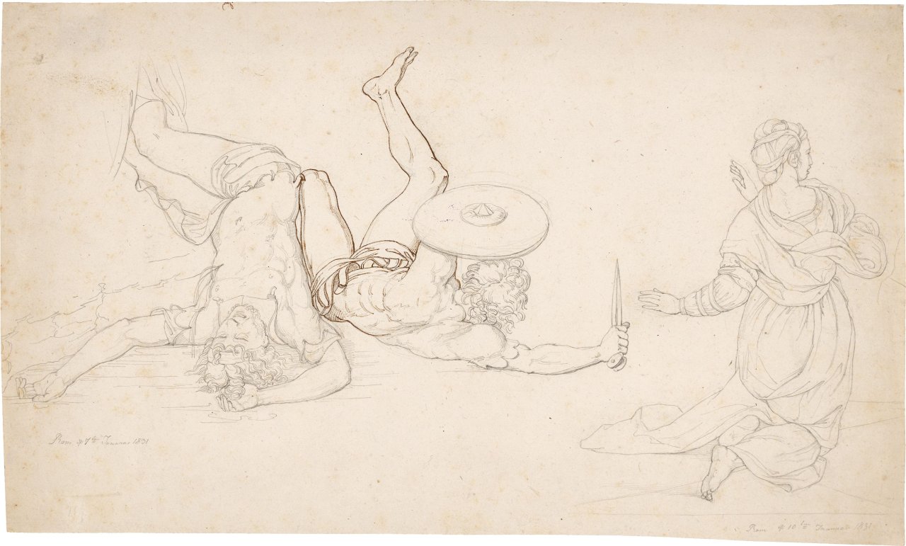 Auf diesem Bild ist das folgende Kunstwerk zu sehen: Peter von Cornelius. Zwei gestürzte Krieger, kniende Frau. 1831.
