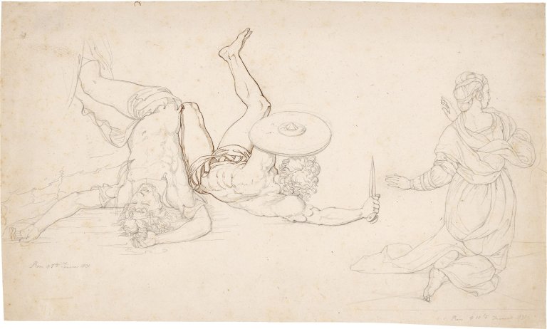 Auf diesem Bild ist das folgende Kunstwerk zu sehen: Peter von Cornelius. Zwei gestürzte Krieger, kniende Frau. 1831.