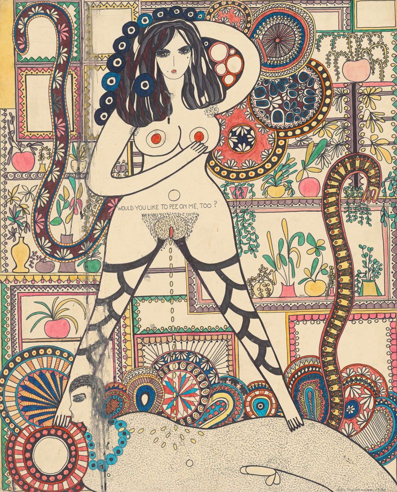 This picture shows the following artwork: Dorothy Iannone. ”Would you like to pee on me, too?”. 1970.