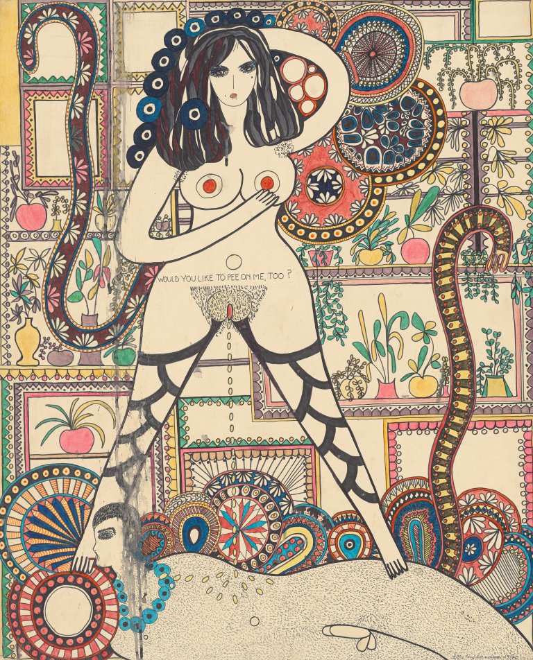 This picture shows the following artwork: Dorothy Iannone. ”Would you like to pee on me, too?”. 1970.